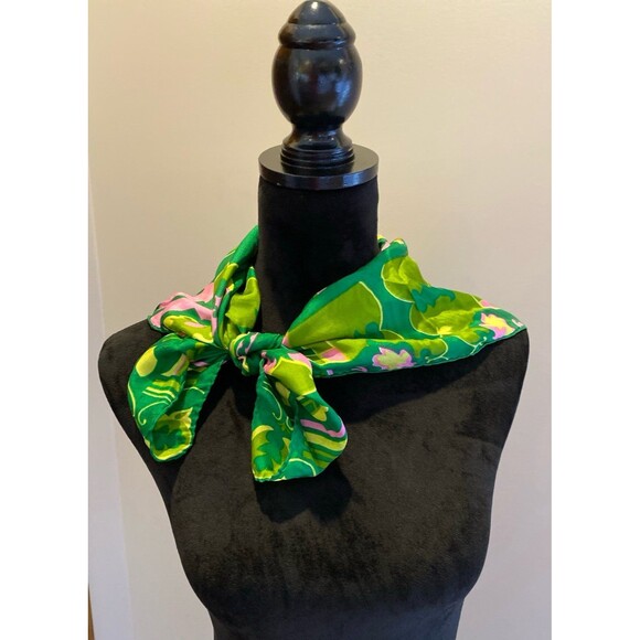 Vintage 100% Silk Scarf by Baars & Beards Green Pink Abstract Design 26x26 EUC - Picture 1 of 10